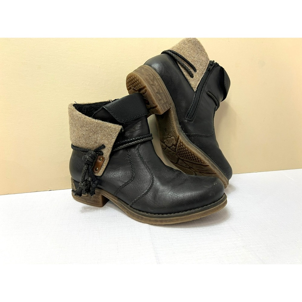 Riker Black Vegan Leather Ankle Boot Felt Cuff Roundish Toe Low Heel‎  6.5